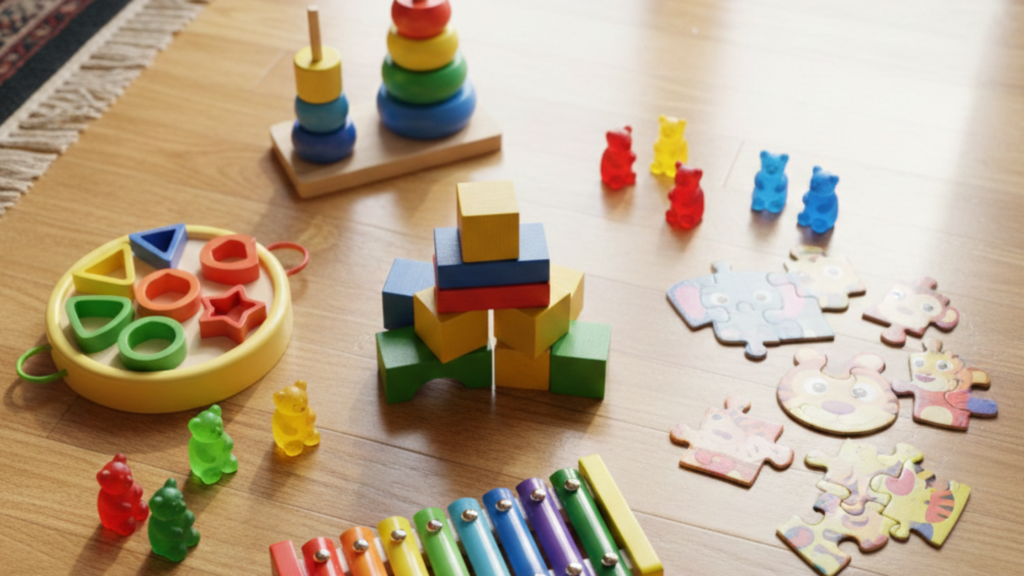 A bright, colorful flat lay photograph of various educational toys for 3-year-old boys arranged neatly on a wooden surface - wooden building blocks, colorful shape sorter, jigsaw puzzle pieces, toy xylophone, stacking rings, and counting bears. Natural lighting, warm and inviting atmosphere, top-down view. Indian home setting. Professional product photography style.
