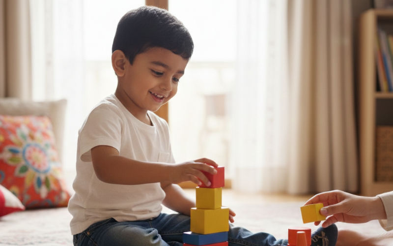 3 year old boy playing with educational building blocks