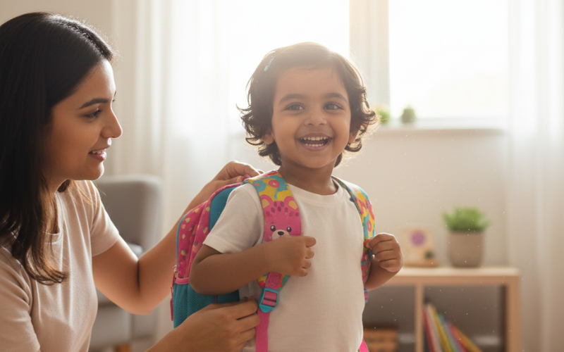 Nursery student wearing lightweight school bag - first day of school