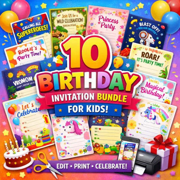 10 Birthday Invitation Bundle for Kids – Printable Editable Party Cards