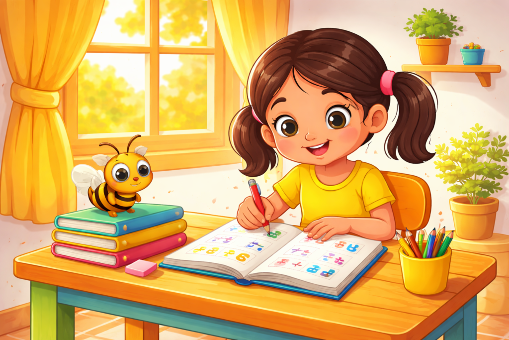 Indian girl doing grade 1 math workbook at home - Mastibee Kids